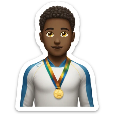Boy with 5 of gold medals on his neck near the sailboat sticker