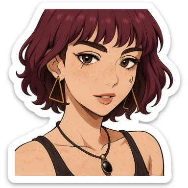 white woman with freckles, teardrop piercing, wavy wine purple hair, bangs at ear level, triangular hoop earrings, black stone necklace, tank top, thick eyebrows, large brown eyes, adult anime style, sensual sticker