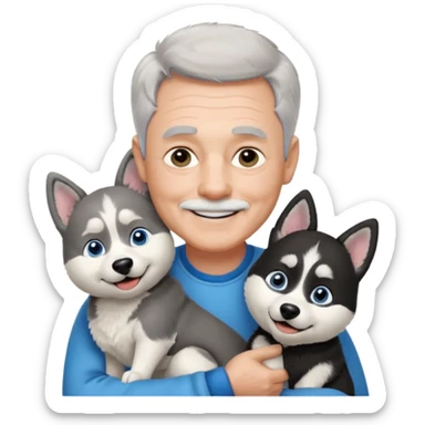 A smiling 60 year old man with blue eyes and short light gray hair and no facial hair, holding a single black and white husky dog with floppy ears and white tuft eyebrows  sticker
