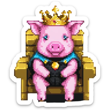 simple minimal pixel art pig with a golden crown sitting on a throne, blocky and square like Minecraft sticker