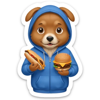 Dog wearing hoodie while holding hamburger sticker