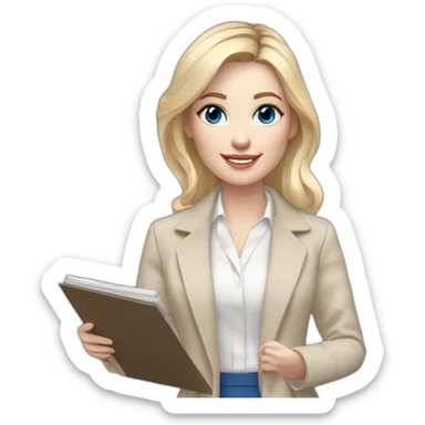 pale skin woman interior designer with cold blonde middle length hair, blue eyes, beige blouse, White oversize jacket, Gray skirt holding a color palette in the hands sticker