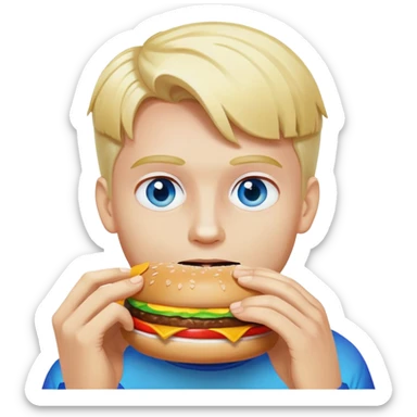 Blonde man with white skin and blue eyes eating a McDonald's hamburger, rainbow LGBT colors sticker