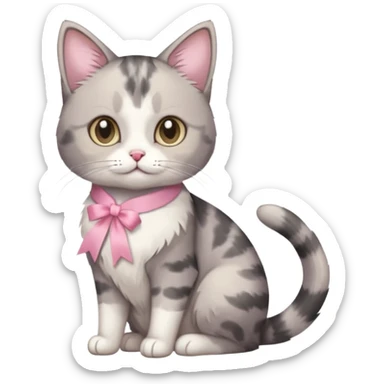 Sitting Dilute grey calico cat with pink ribbon sticker