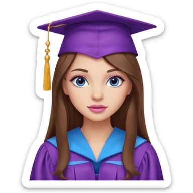 pretty girl with beautiful extremely long brown hair, blue eyes, long lashes makeup, sexy pink lips, wearing a purple and light pink graduation cap and gown sticker