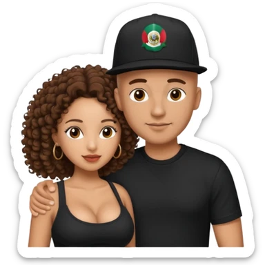 A picture of a loving tanned couple. the guy is Mexican, with a bald hair cut and he has a SnapBack hat on. The girl is mixed, the girl is wearing a black shirt, the girl has brown curly big hair and the girl has big boobs  sticker