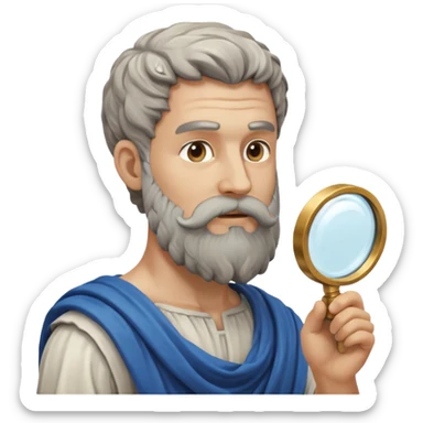 Dios griego con barba estilo estatua de color gris, de perfil mirando con una lupa de sticker