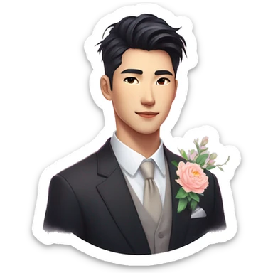 Gorgeous romantic anime style Asian formal modern gentlemanly guy with flowers and blushing face aesthetic trending style outside with colorful gradient bright light colors sticker
