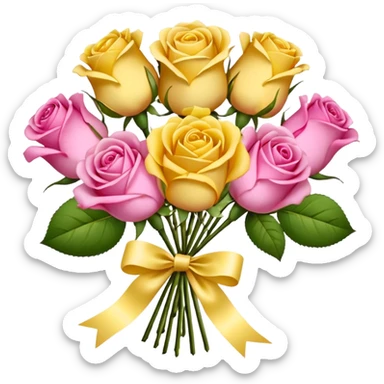 A bouquet of flowers, composed of pink and yellow roses, four blooms in total, tied with ribbon. sticker