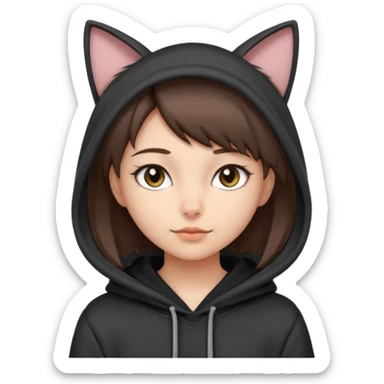 a girl with short brown hair, grey cat ears and a tail, with a black hoodie on  sticker
