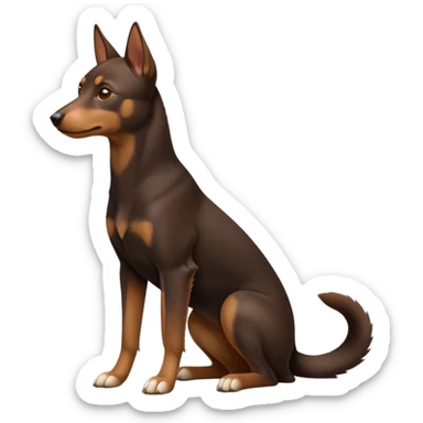 cinematic-[australian kelpie]-realistic-full-body-sitting-emoji,-tail-resting-loosely-beside-its-paws,-head-tilted-dramatically, -sleek-[Brown and tan]-fur,-simplified-yet-realistic-focused-features,-highly-detailed,-glowing-with-an-almost-sarcastic-glow sticker