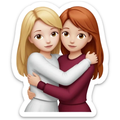 two girls who hug eachother. one has auburn hair with blonde highlights and very pale skin, other has medium-fair skin and blonde hair. first one is wearing white outfit and the second one is wearing a burgundy outfit sticker