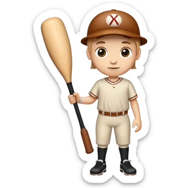 a wooden log trunk with thin legs, a cute face, holding a baseball bat sticker