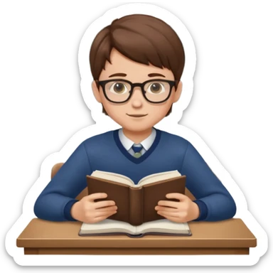 Boy with glasses sitting at school reading with his back to the camera sticker