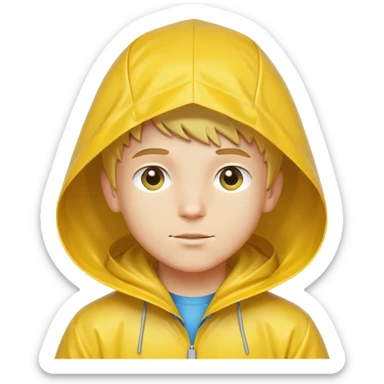 A beautiful, Caucasian boy wearing a yellow raincoat and a raincoat hood on his head sticker