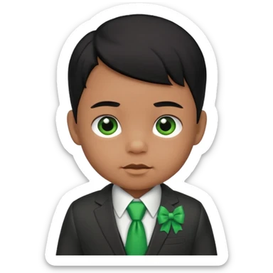 baby boy black hair in suit, with green bow sticker