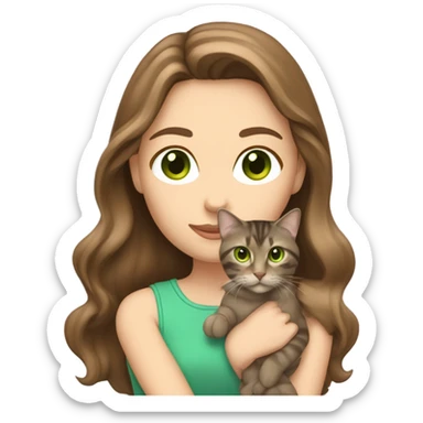 Caucasian women with long brown hair and brown eyes holding a tabby cat with green eyes sticker