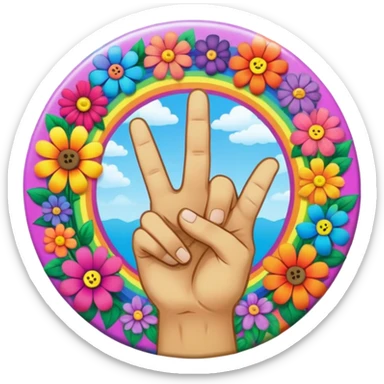 A round psychedelic colored button with a hand making the peace sign in the center surrounded by rainbow colored hippie style flowers sticker
