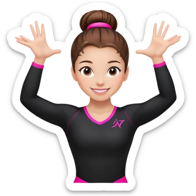 Happy female gymnast with brown hair in a neat bun, wearing a black uniform with neon pink elements. sticker