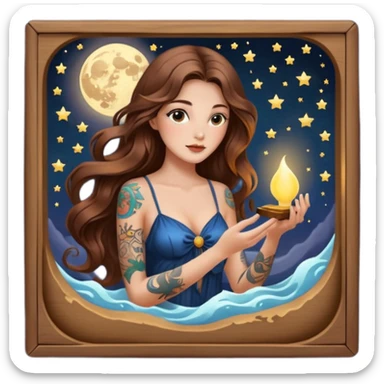 moon mystic woman long wavy brown hair tattoos opening tiny light box sticker