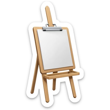 Minimalistic flat vector icon, iOS style, thin black contour on white background. Easel with a paper sheet and a pencil leaning against it. No text, no shadows sticker
