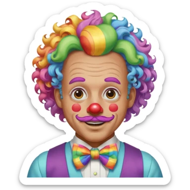 Middle-age man with Curly rainbow hair of clown — soft pastel curls tied high sticker