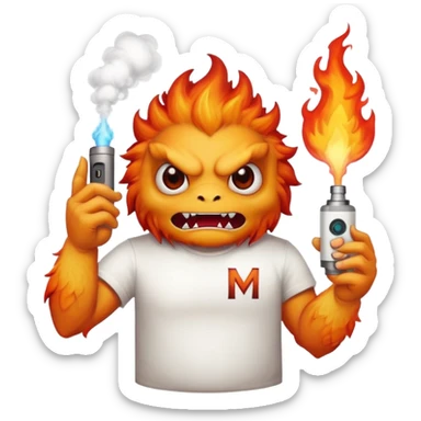 A fire monster wearing a white t shirt with the letter "M" and a vape in his hand  sticker