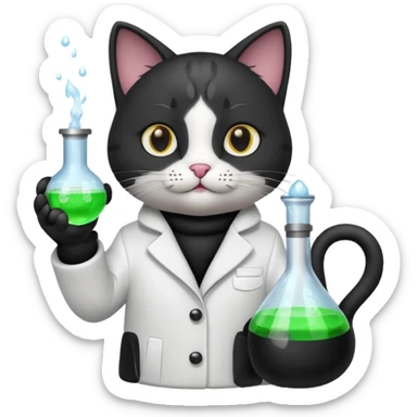 Sleek cat wearing a white coat, paw on a bubbling flask. sticker