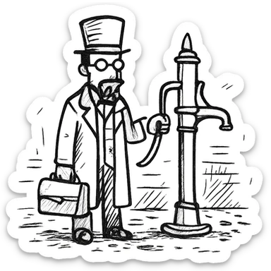 A victorian doctor with a street water pump in a dirty street sticker