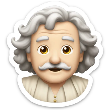 Short pudgy old man over enthusiastic happy excited face bald forehead long wavy gray and brown brunette long wavy hair moustache Shakespearean dress vintage clothes hamlet small arms sticker