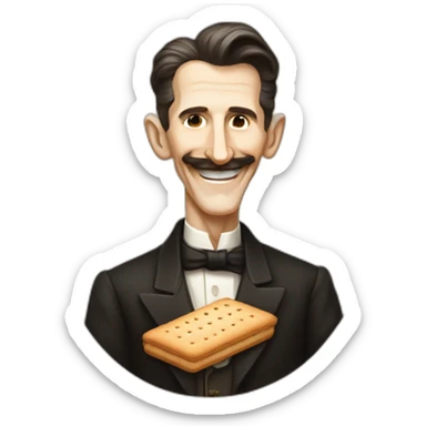 elongated illustration of nikola tesla, portrait, smiling, pixar style, holding a biscuit sticker