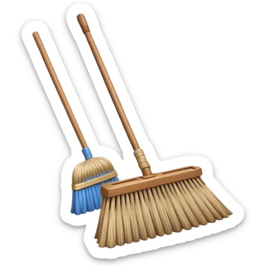 traditional broom with wooden handle on a dusty carpet, straw bristles sweeping visible dust clouds, old-fashioned cleaning tool, vintage household style, 3D cartoon, mobile game icon style, centered composition, no people, no animals, no text, no watermark sticker