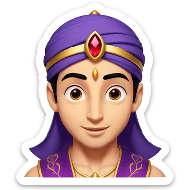 Cinematic Realistic Aladdin Portrait, head tilted playfully and inquisitively, showcasing his roguish charm and bright, mischievous eyes. His signature attire is rendered in exquisite detail with dynamic natural highlights, and a hint of magic sparkles about him—embodying a youthful, adventurous energy with friendly power. sticker