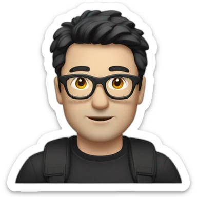Middle age lean white man with black hair & glasses riding a Black Tesla Model 3 sticker