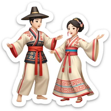 Cinematic Realistic scene of two performers engaging in Ganggangsullae, dressed in traditional Korean costumes with intricate patterns and graceful movements, illuminated by soft, festive lighting that accentuates the cultural ambiance sticker