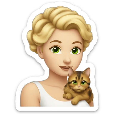 Blonde woman with green eyes holding a very fluffy and fat tortoiseshell cat sticker