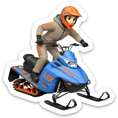 red Lynx brand snowmoble wheelies. driver with gray clothes and black/orange / blue helmet sticker