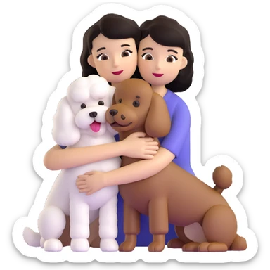 Woman with short black straight hair hugging a brown poodle and a white bichon frise sticker