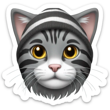 Gray and Black long hair stripe Cat wearing beanie sticker