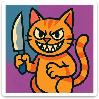 a cat holding a knife with a menacing smile, fun and expressive style, bold colorful cartoon illustration sticker