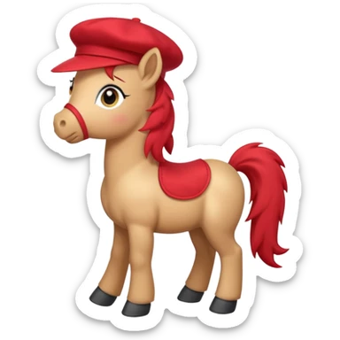 Adorable cartoon pony (small horse) emoji, full body, standing in profile view facing sideways. It has big, sparkling eyes and a friendly smile. It is wearing a cute red beret tilted to one side.  sticker