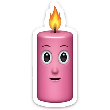 Draw a woody pink, Pixar-style candle with a flame and black eyes. The candle should be visible from the front and top. sticker