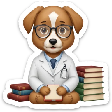 Wise dog with glasses, wearing a lab coat, perched on a stack of books. sticker
