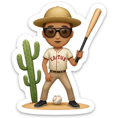 A man playing baseball with a cactus bat and a tumbleweed ball sticker