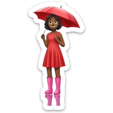 Girl in red wide dress and pink rainboots in rain sticker