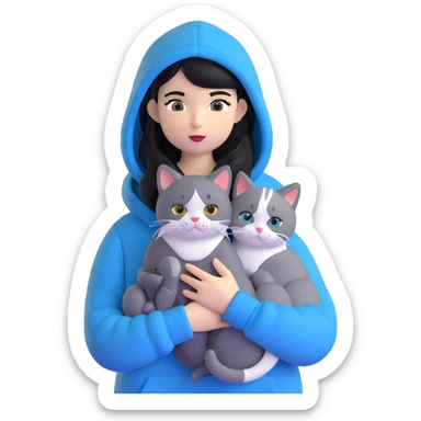 Girl with black hair wearing gray hoodie with a British shorthair blue and white cat and a long-haired blue and white cat sticker
