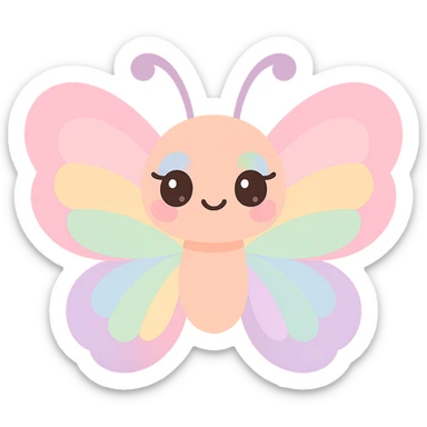 kawaii butterfly with pastel rainbow wings, cute face, colorful makeup, soft blush and eyeshadow sticker