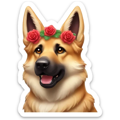 Brindled German shepherd fox carrying glowing red lantern, fairy lights, rose flower crown sticker
