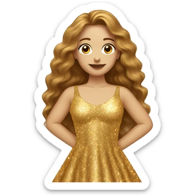auburn long haired woman with hazel eyes wearing gold sparkly shiny dress sticker