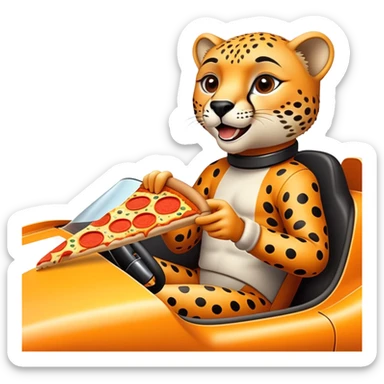 A cheetah in a race car eating a slice of pizza sticker